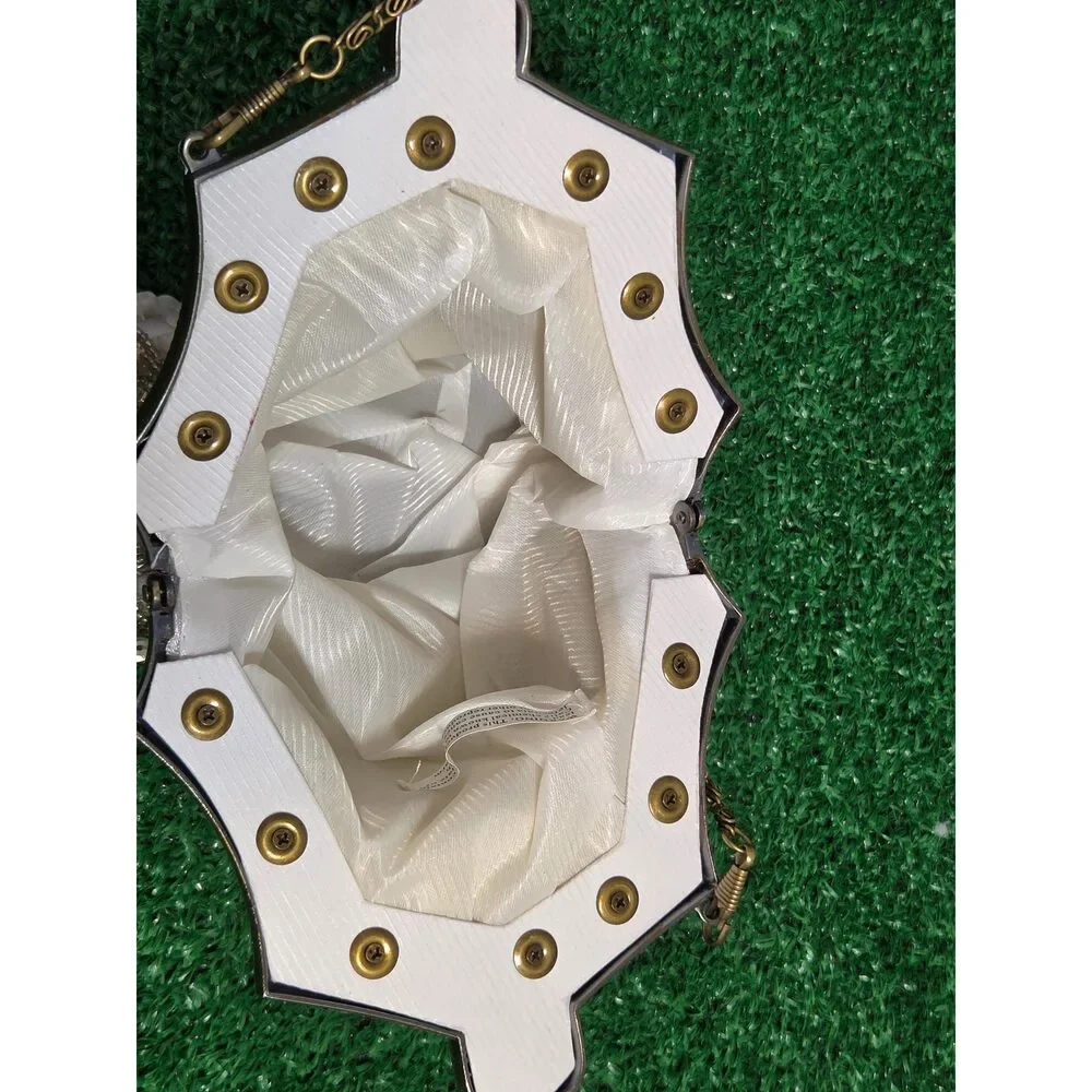 Vintage Beaded Sequined Evening Clutch Bag Antique Gold Tone Frame White Shell